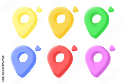 3D location pins in yellow, orange, green, blue, red, and purple. maps, navigation, travel, and wayfinding, vector