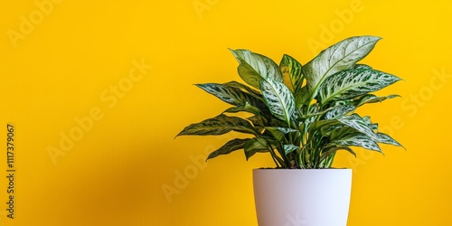 Aglaonema displayed in a white pot against a vibrant yellow backdrop. This Aglaonema showcases its beauty, making it an ideal choice for home decor as a decorative plant, or tanaman keladi hias. photo