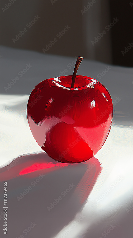 Obraz premium Single red apple with a glossy surface on a reflective white background.