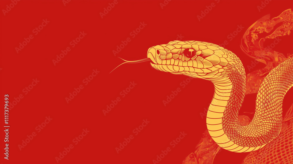 Fototapeta premium A golden snake on a red background, can be used for Chinese New Year posters