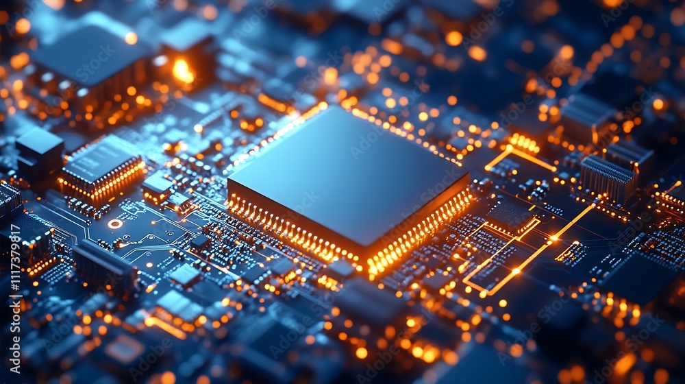 Advanced silicon chip on glowing circuitry board representing modern computing systems : Generative AI Advanced silicon chip on glowing circuitry board representing modern computing systems : Generative AI