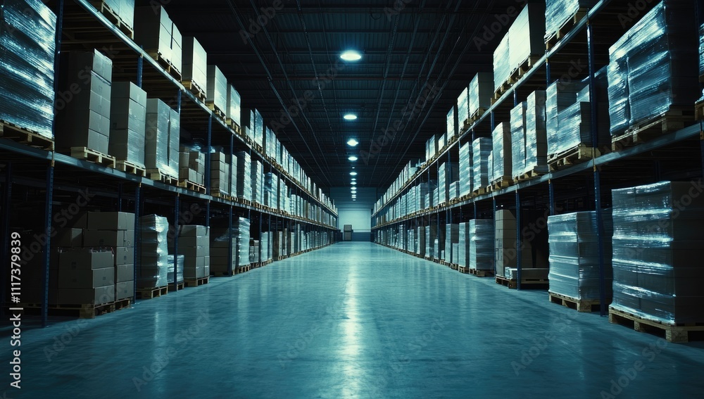 Panoramic view of an automated warehouse, rows of goods neatly arranged, bright lighting, futuristic industrial style, clean and organized Panoramic view of an automated warehouse, rows of goods neatly arranged, bright lighting, futuristic industrial style, clean and organized