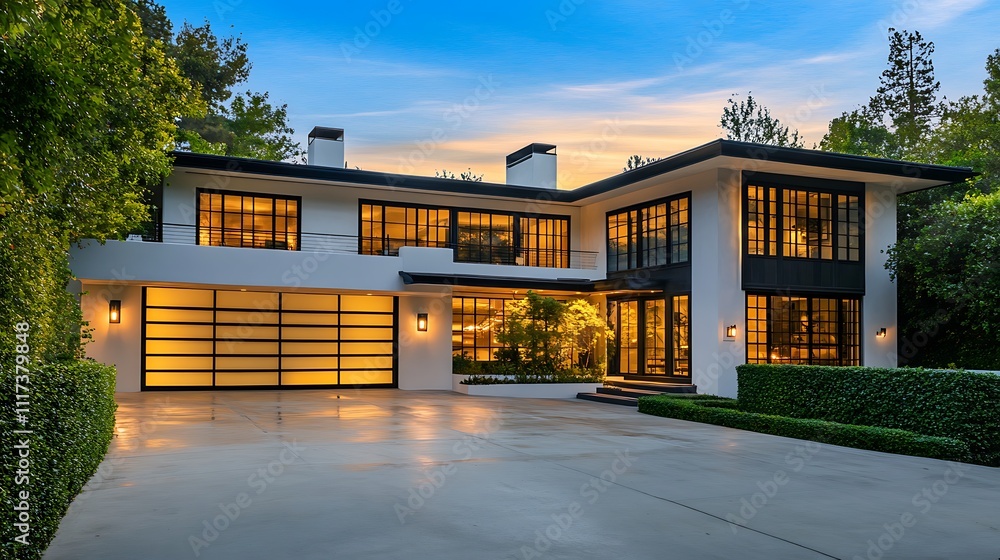 Modern luxury home at dusk, showcasing sleek architecture, expansive windows, and a spacious driveway. Modern luxury home at dusk, showcasing sleek architecture, expansive windows, and a spacious driveway.