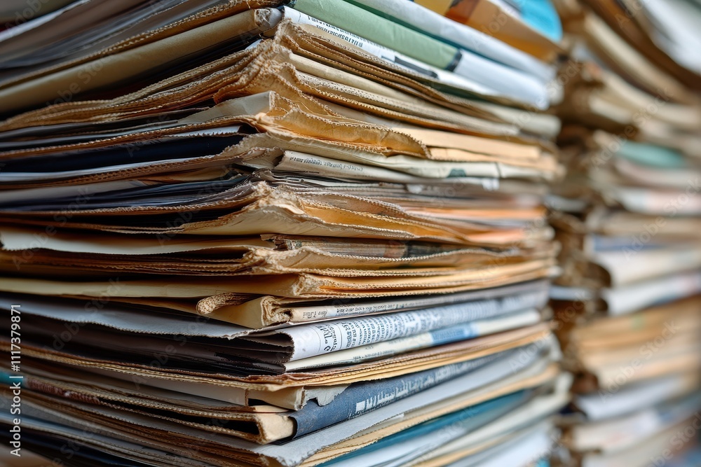 A large stack of old newspapers and documents, showing age and wear. Illustrates concepts of archiving, history, or data overload. A large stack of old newspapers and documents, showing age and wear. Illustrates concepts of archiving, history, or data overload.