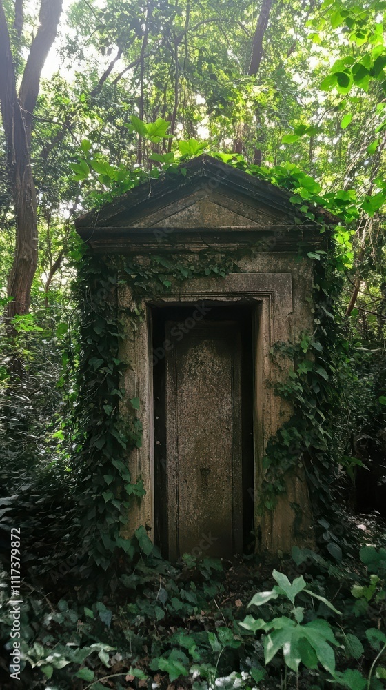 An overgrown stone structure enveloped by lush greenery. An overgrown stone structure enveloped by lush greenery.