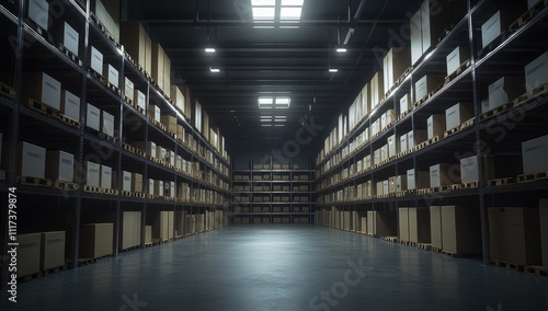 Panoramic view of an automated warehouse, rows of goods neatly arranged, bright lighting, futuristic industrial style, clean and organized