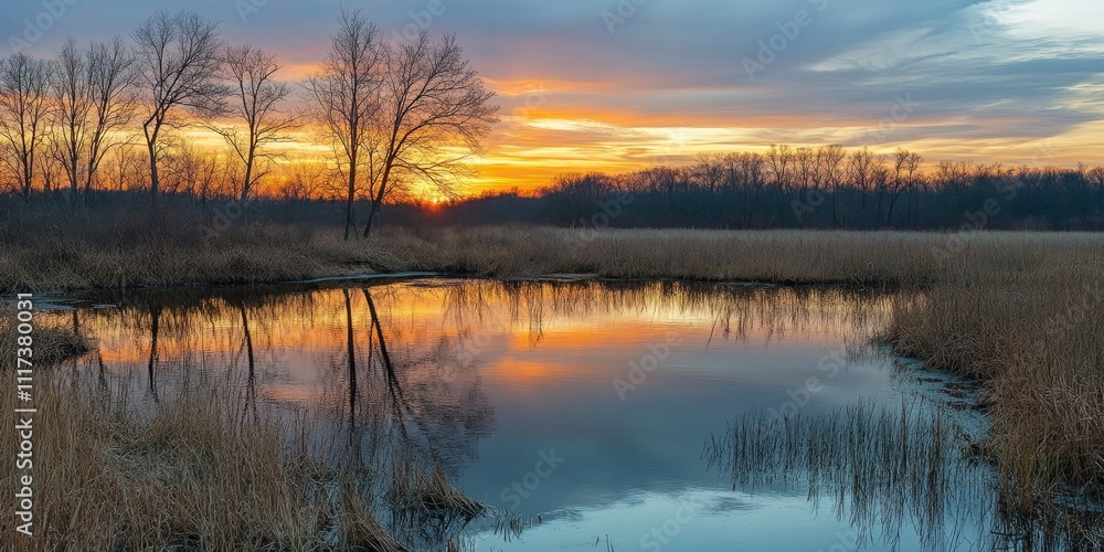 Sunset over the peaceful marsh at Kensington Metropark, showcasing vibrant colors reflecting on the water, creating a serene atmosphere perfect for nature lovers and photographers capturing beautiful Sunset over the peaceful marsh at Kensington Metropark, showcasing vibrant colors reflecting on the water, creating a serene atmosphere perfect for nature lovers and photographers capturing beautiful