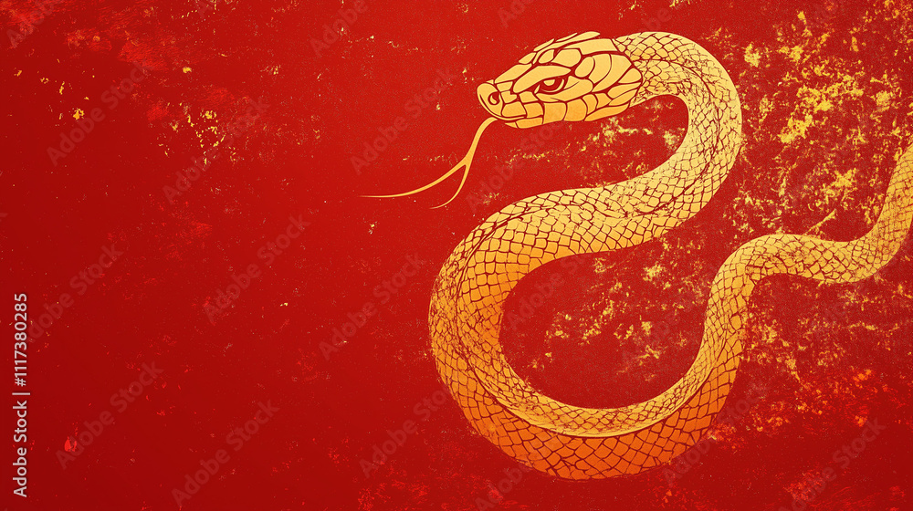 Obraz premium A golden snake on a red background, in the style of Chinese New Year art,can be used for Chinese New Year posters