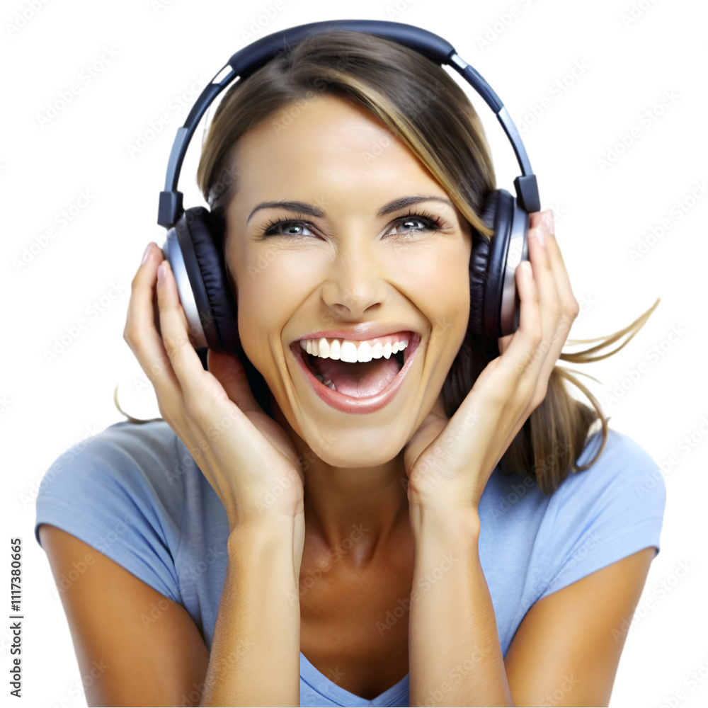 happy woman wearing headphones enjoying music   on white