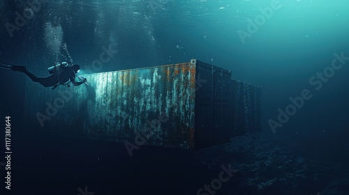 A diver swimming towards a sunken container equipped with a tool to pick up tered debris and prevent it from harming marine life. photo