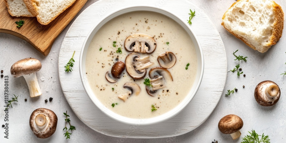 Delight in the rich flavor of mushroom cream soup displayed beautifully on a white wooden board, capturing the essence of comfort with this delicious mushroom cream soup from above. Delight in the rich flavor of mushroom cream soup displayed beautifully on a white wooden board, capturing the essence of comfort with this delicious mushroom cream soup from above.
