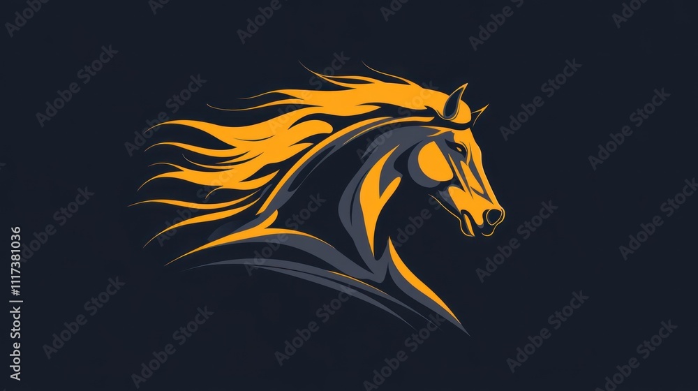 Fototapeta premium A stylized horse head illustration with flowing mane in yellow and black colors.