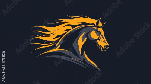 A stylized horse head illustration with flowing mane in yellow and black colors. photo