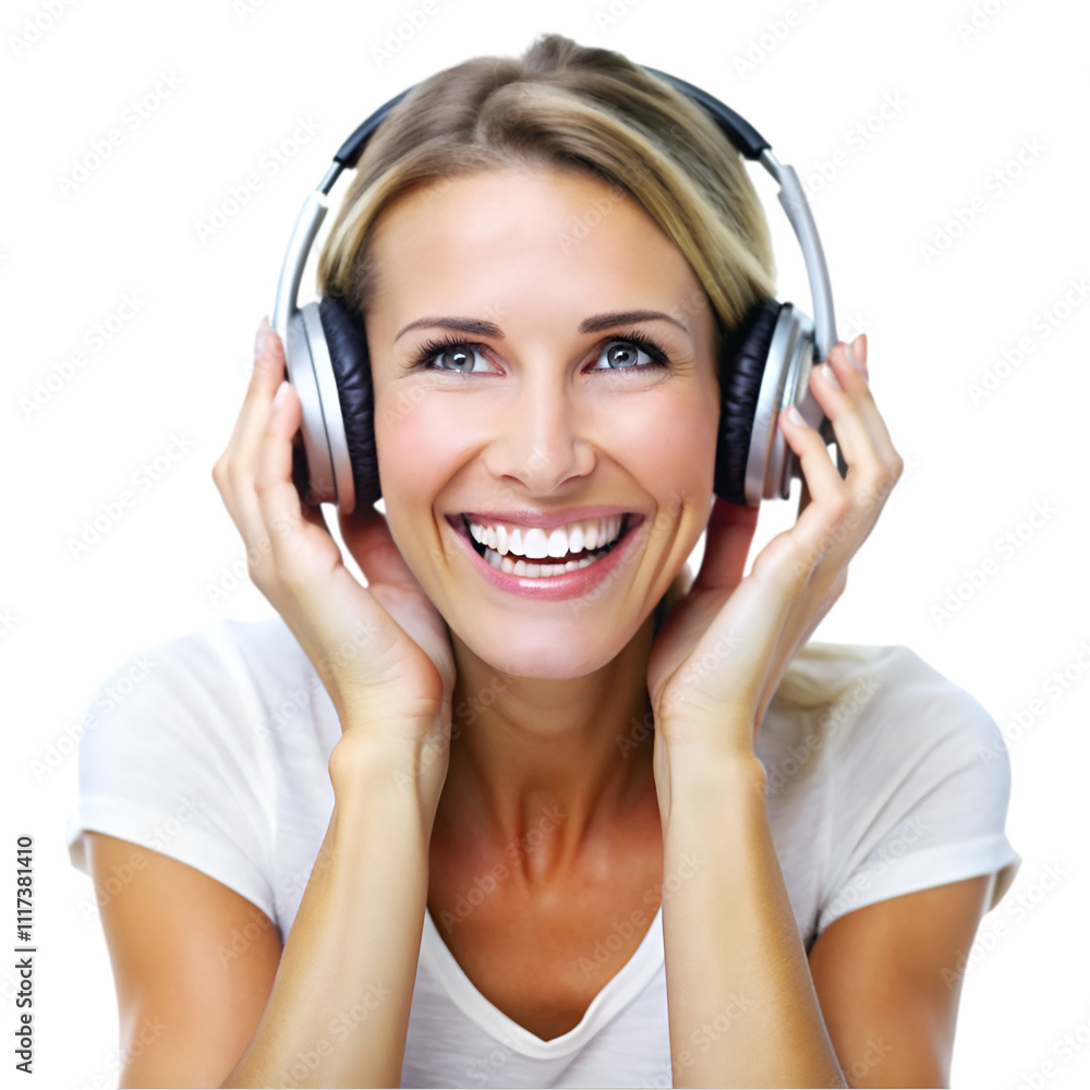 happy woman wearing headphones enjoying music on white happy woman wearing headphones enjoying music on white