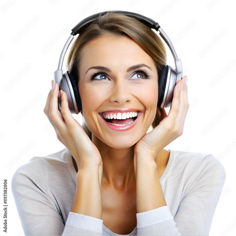 happy woman wearing headphones enjoying music on white happy woman wearing headphones enjoying music on white