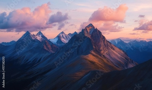 Majestic mountain landscape at sunset with dramatic clouds.