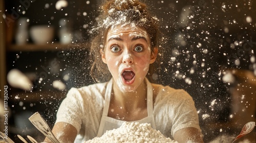 Woman covered in flour, surprised expression. Illustrates baking mishap or joyful chaos in kitchen. photo