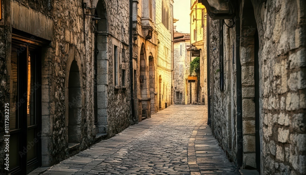A narrow cobblestone street lined with historic stone buildings. A narrow cobblestone street lined with historic stone buildings.