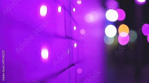 Purple brick wall with LED lights and blurred city lights at night. photo