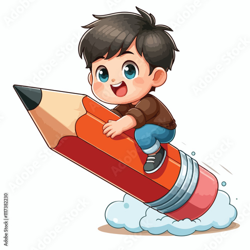 a boy is riding on a pencil vector