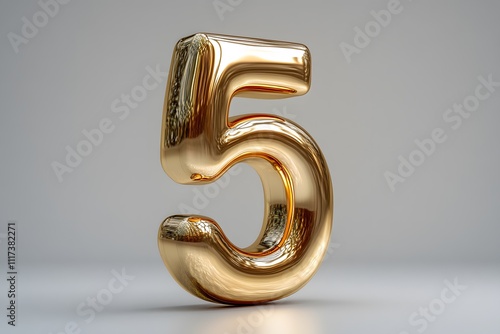  Golden 3D Number 5 Isolated on White Background for Graphic Design and Celebrations 