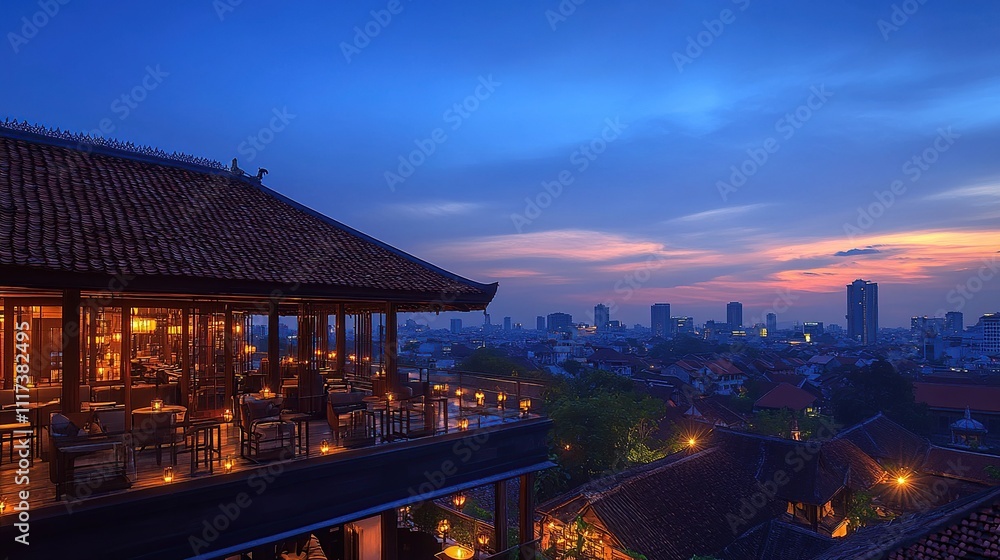 Rooftop bar at dusk overlooking city skyline. (1) Rooftop bar at dusk overlooking city skyline. (1)