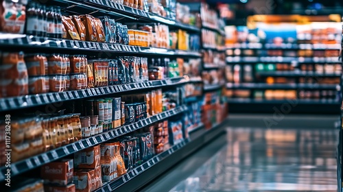 Well-stocked supermarket aisle with various food and drink products on shelves.