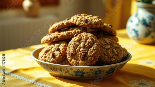 A stack of freshly baked oatmeal cookies with nuts in a floral patterned bowl on a yellow tablecloth