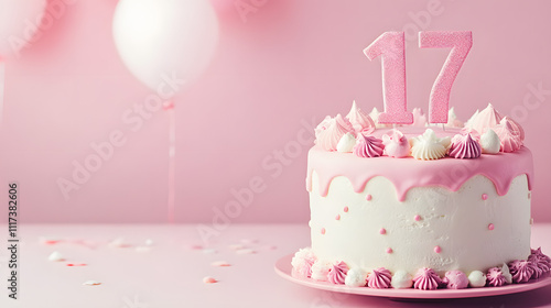 Photo of a birthday cake with pink number "17" on top, decorated with a pastel pink background.