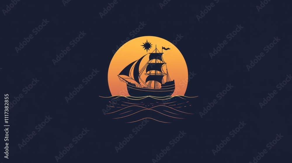 A stylized ship sailing on waves against a sunset backdrop. A stylized ship sailing on waves against a sunset backdrop.
