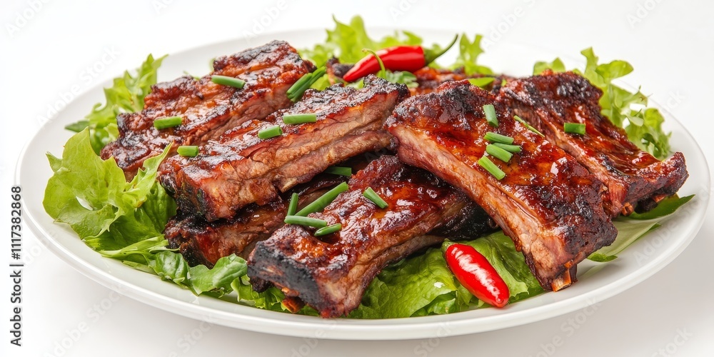 Savory plate featuring grilled ribs served on a white plate, garnished with chives, red hot peppers, and lettuce, showcased against a clean white background, making it a truly savory plate Savory plate featuring grilled ribs served on a white plate, garnished with chives, red hot peppers, and lettuce, showcased against a clean white background, making it a truly savory plate