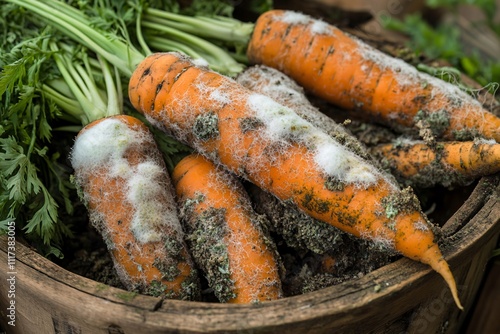 Rotten carrots covered with white fuzz and soft spots represent food waste and improper storage conditions photo