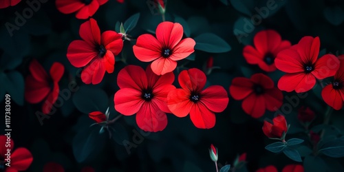 Vibrant red flowers in full bloom contrast beautifully against a dark background, creating a striking visual of blooming red flowers that captures attention and evokes emotion. photo