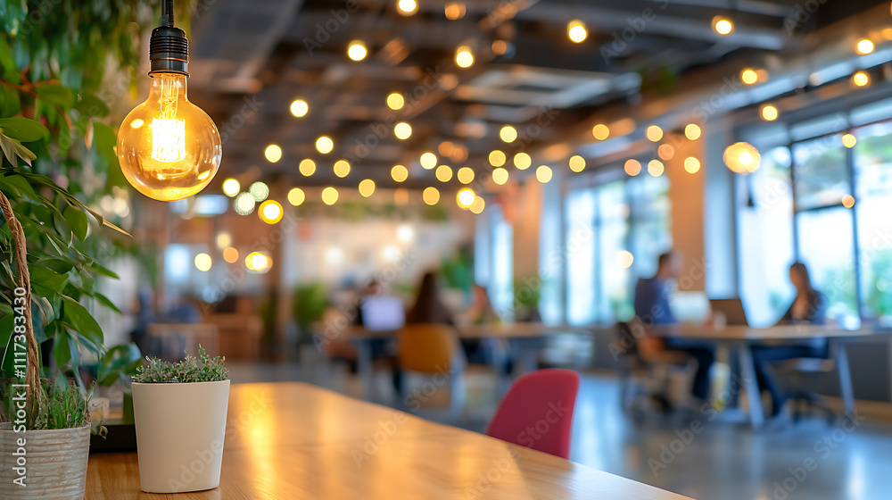 A warm, inviting workspace with pendant lights shining down, adorned with plants, creating a cozy atmosphere for productivity and collaboration. A warm, inviting workspace with pendant lights shining down, adorned with plants, creating a cozy atmosphere for productivity and collaboration.