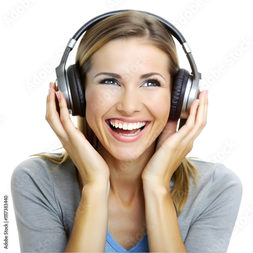 happy woman wearing headphones enjoying music   on white