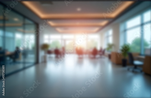 Blurred empty open space office. Abstract light bokeh at office interior background for design. 