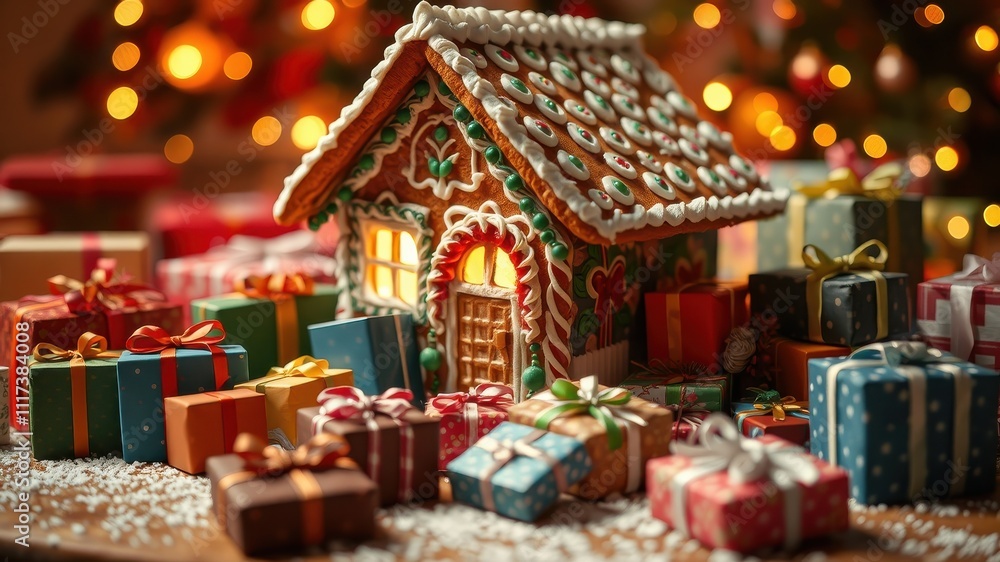 A gingerbread house with warm lights glows brightly amidst a scattering of festive wrapped gifts, evoking the magic of a holiday season. A gingerbread house with warm lights glows brightly amidst a scattering of festive wrapped gifts, evoking the magic of a holiday season.