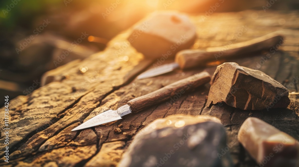 Close-up of ancient stone tools, sharp flint knives, and polished axes on a weathered wooden surface, symbolizing prehistoric craftsmanship and the dawn of human ingenuity Close-up of ancient stone tools, sharp flint knives, and polished axes on a weathered wooden surface, symbolizing prehistoric craftsmanship and the dawn of human ingenuity