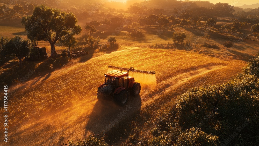Fototapeta premium Farming tractor spraying plants in a field
