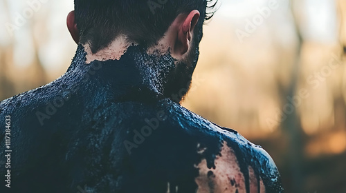 A close-up of a male subject with dark paint on his back, set against a blurred natural backdrop, evoking an artistic and enigmatic mood. photo