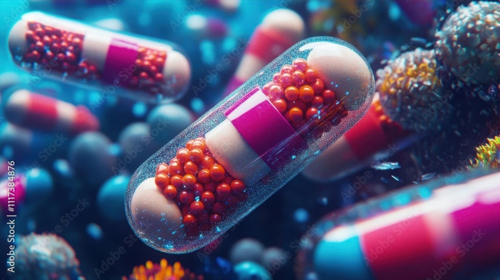 Colorful capsules surrounded by microscopic elements, illustrating health. Colorful capsules surrounded by microscopic elements, illustrating health.