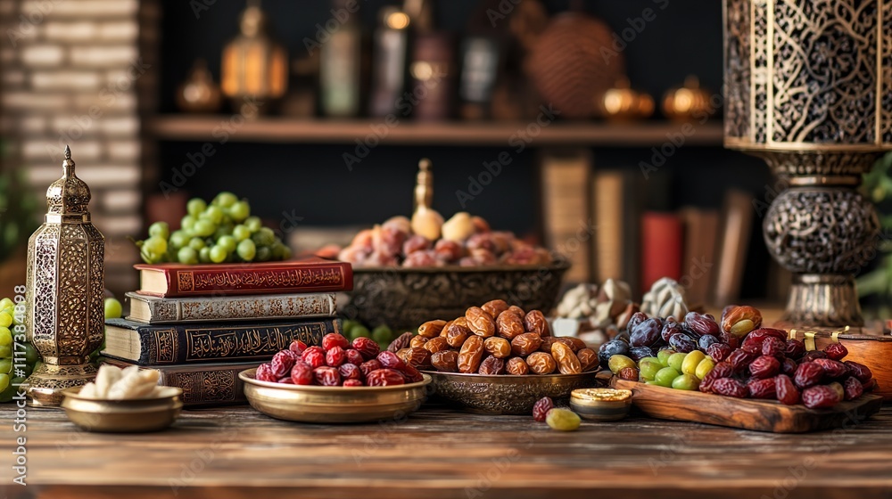 Diverse dried fruits, grapes, and books on a rustic wooden table, creating a rich cultural scene. Diverse dried fruits, grapes, and books on a rustic wooden table, creating a rich cultural scene.