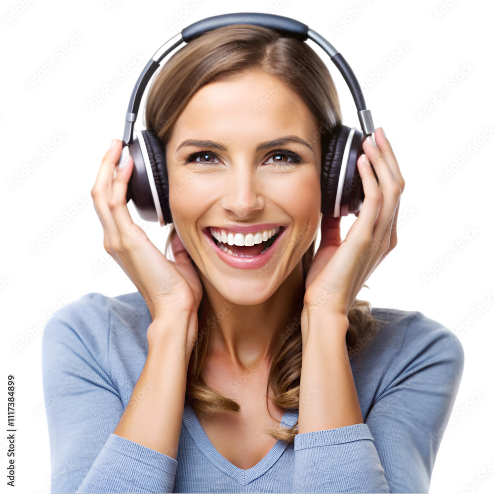 happy woman wearing headphones enjoying music on white happy woman wearing headphones enjoying music on white