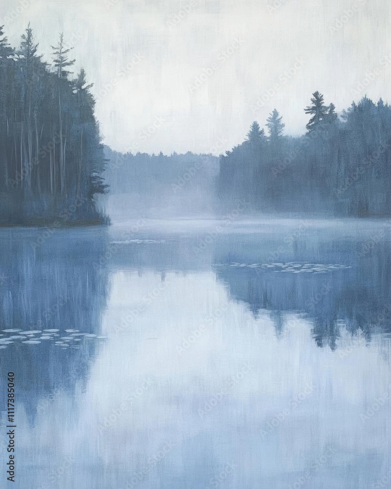 Fototapeta premium A serene lake scene with mist and trees, evoking tranquility.