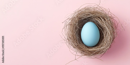 Blue egg nestled in a bird nest on a soft pink background banner, highlighting the delicate beauty of a blue egg in nature s design against a vibrant backdrop. photo