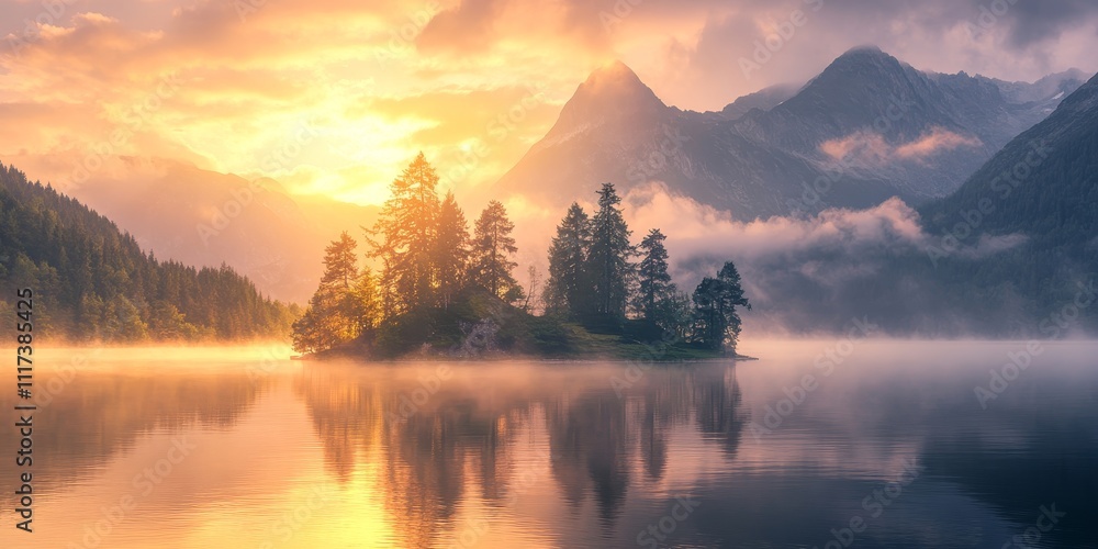 Small island in a serene lake at sunrise with majestic mountains in the background, enveloped in soft mist, creating a tranquil atmosphere for nature lovers and photographers alike. Small island in a serene lake at sunrise with majestic mountains in the background, enveloped in soft mist, creating a tranquil atmosphere for nature lovers and photographers alike.