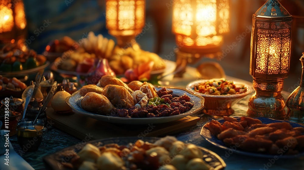 A lavish spread of Middle Eastern food at sunset, illuminated by lanterns. A lavish spread of Middle Eastern food at sunset, illuminated by lanterns.