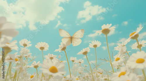 A delicate white butterfly hovers over a field of vibrant daisies under a bright blue sky, capturing the essence of spring and nature's beauty. photo