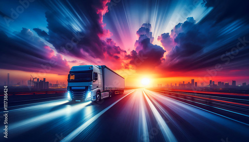 Semi Truck on highway lorry motion blur concept of journey copy transportation industry