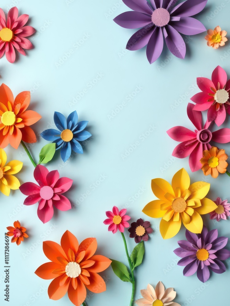 Vibrant handmade paper flowers in various colors on pale blue backdrop with white copyspace, paper, beautiful Vibrant handmade paper flowers in various colors on pale blue backdrop with white copyspace, paper, beautiful
